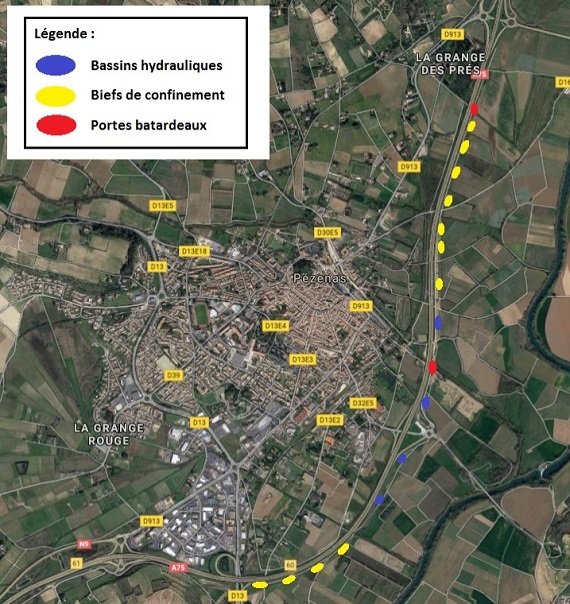 Représentation des bassins hydrauliques, des biefs de confinement et des portes batardeaux de la requalification environnementale de la déviation de Pézenas 